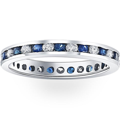 1 Ct Blue Sapphire & Diamond Channel Set Eternity Wedding Ring 14K White Gold