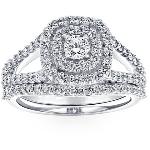 SI 1Ct Lab Grown Diamond Cushion Halo Engagement Wedding Ring Set 10K White Gold