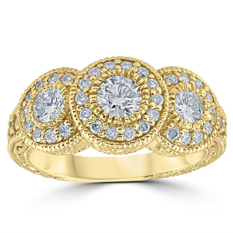 1 1/2ct Antique Diamond 3 Stone Engagement Anniversary Halo Ring 14K Yellow Gold