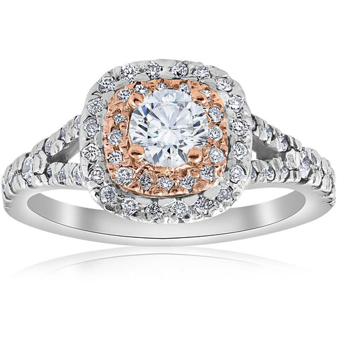 1ct Cushion Double Halo Diamond Engagement Ring 2-Tone 14k Rose Gold