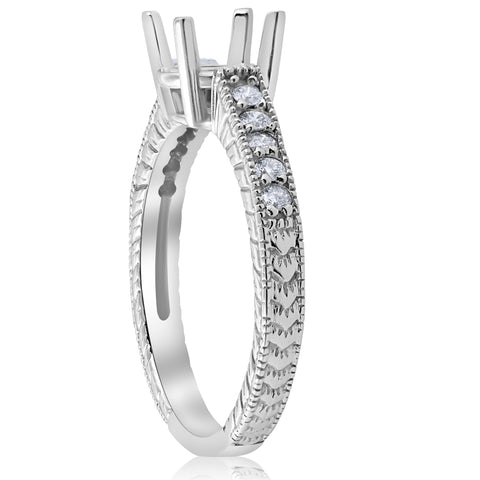 1/5ct Hand Engraved Diamond Engagement Ring Setting 14k White Gold Fits 6-6.5mm