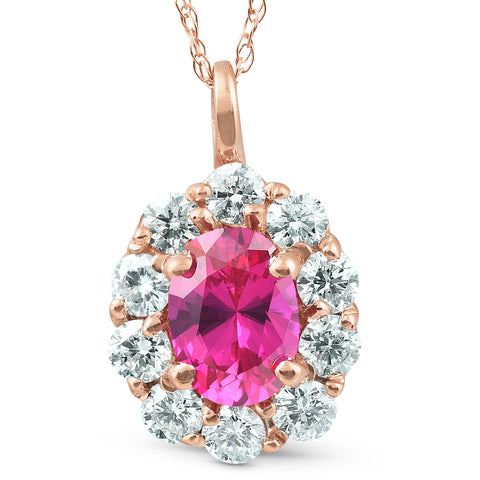 1 3/4ct Pink Sapphire & Genuine Diamond Halo Pendant 14K Rose Gold