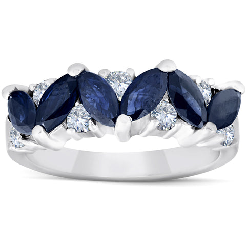 1 1/2ct Blue Sapphire Marquise & Diamond Ring 14K White Gold