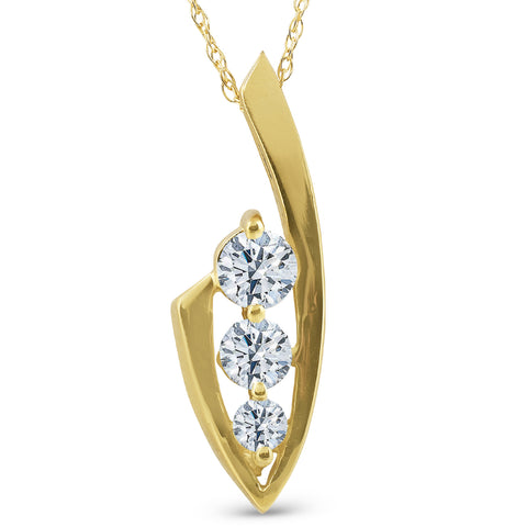 1/2 Ct Three Stone Natural Diamond 14k Yellow Gold Pendant Necklace