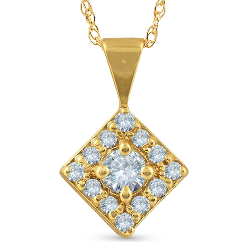 1/4ct Diamond Halo Princess Framed Pendant Necklace Solid 14K Yellow Gold