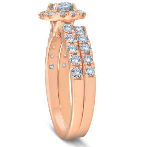 1 1/4 Ct Diamond Cushion Halo Engagement Wedding Ring Set 14k Rose Gold