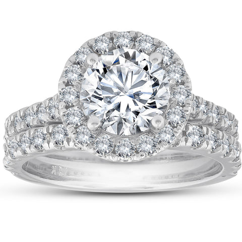SI/G 3Ct Diamond Halo Engagement Ring Matching Wedding Band 14k Gold Enhanced
