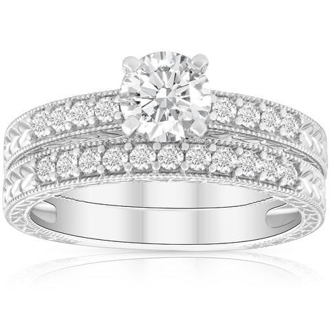 1 1/2ct Diamond Engagement Ring & Matching Vintage Wedding Band Set White Gold
