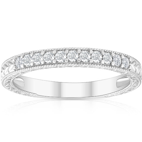 Diamond Wedding Ring 1/4 ct Vintage Hand Engraved Womens 14k White Gold Band