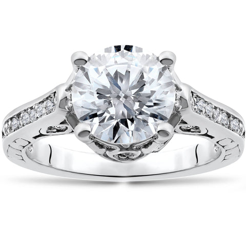 2 1/3ct Diamond Engagement Ring Solitaire Vintage Antique Unique Design 14k WG