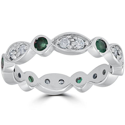 1ct Diamond & Simulated Green Emerald Vintage Eternity Ring 14K White Gold