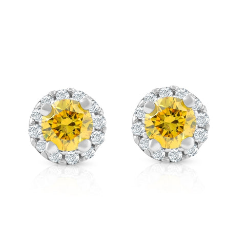 1/4 Ct Halo Fancy Yellow Lab Grown Diamond Studs 10K White Gold