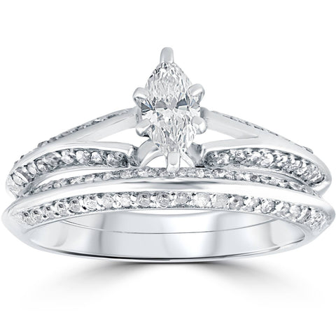 3/4 ct Marquise Diamond Engagement Wedding Ring Set 14k White Gold