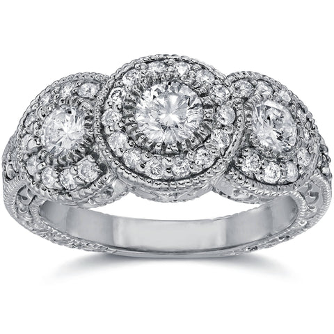 G/VS 1 1/2Ct Vintage 3 Stone 100% Diamond Engagement Ring White Gold Lab Grown