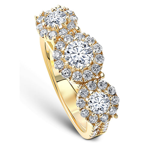 1 3/8 Ct Diamond Three Stone Halo Pave Engagement Ring Yellow Gold