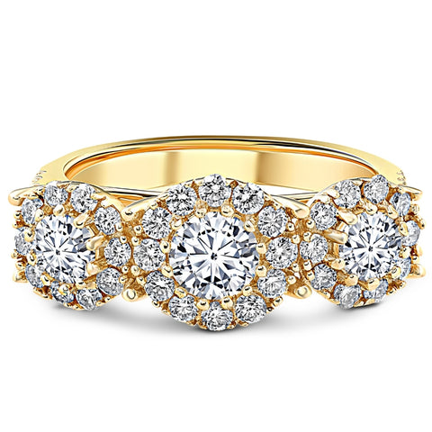 1 3/8 Ct Diamond Three Stone Halo Pave Engagement Ring Yellow Gold