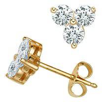 1ct Three Stone Diamond Earrings 14K Yellow Gold