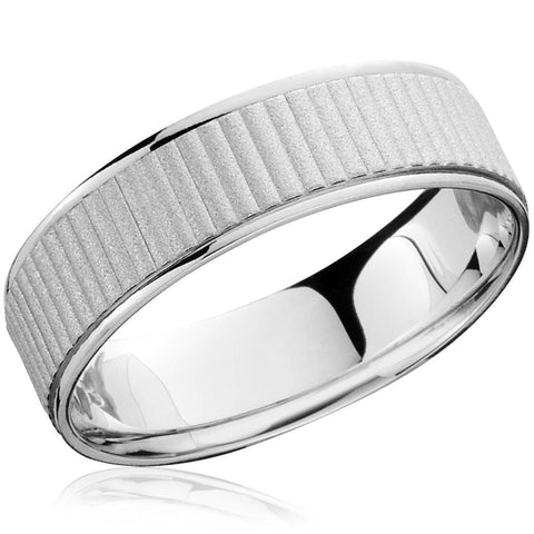 14k White Gold Wedding Band Mens Brushed Ring Textured 6mm Band Polished Edge