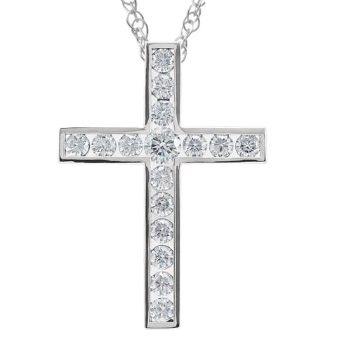 1 1/2 Ct Diamond Cross Pendant Necklace 18" 10k White Gold 32mm Tall