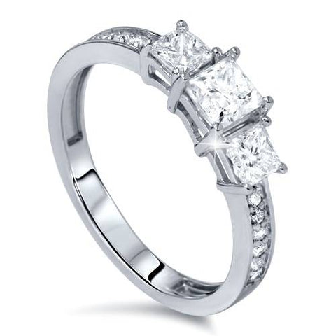 1 1/4ct Three-Stone Princess Cut Diamond Engagement Ring Solid 14K White Gold