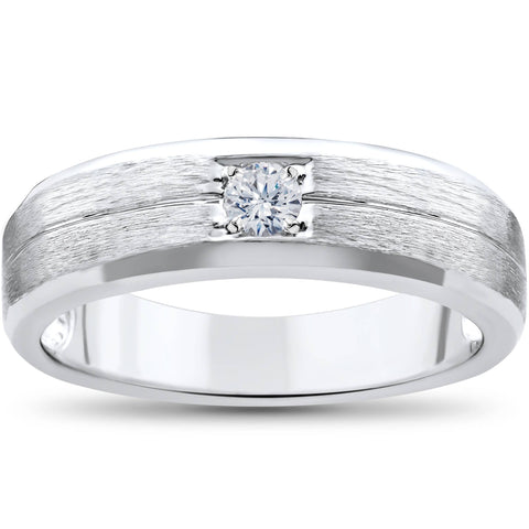 Mens Diamond Wedding Ring Solitaire Round Brilliant Cut Brushed White Gold Band