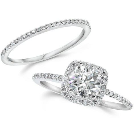 Cushion Halo Diamond 1 ct Engagement Ring Matching Wedding Ring 14K White Gold