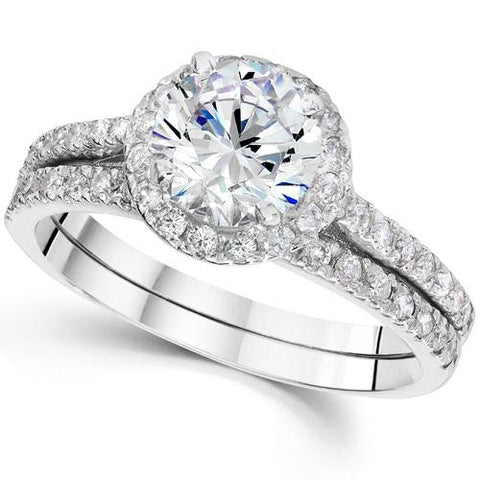 1ct Round Diamond Halo Engagement Ring Set 14K White Gold