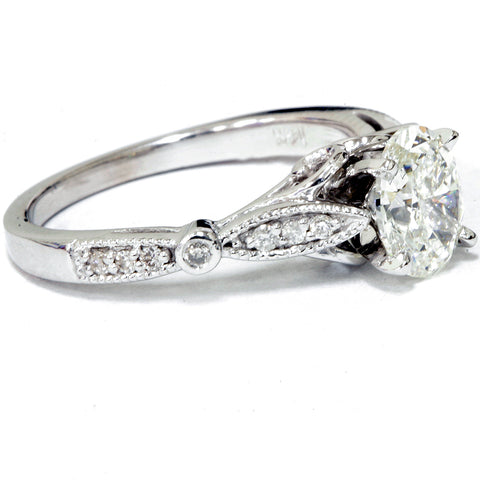 1 1/10 ct Oval Diamond Vintage Engagement Ring Solitaire Antique 14 K White Gold