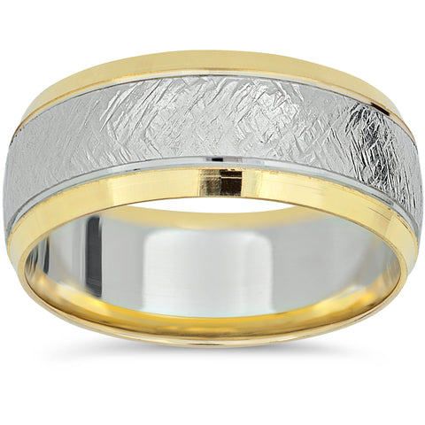 14k Yellow Gold Two Tone Wedding Band Mens 8mm White Gold Handmade Ring