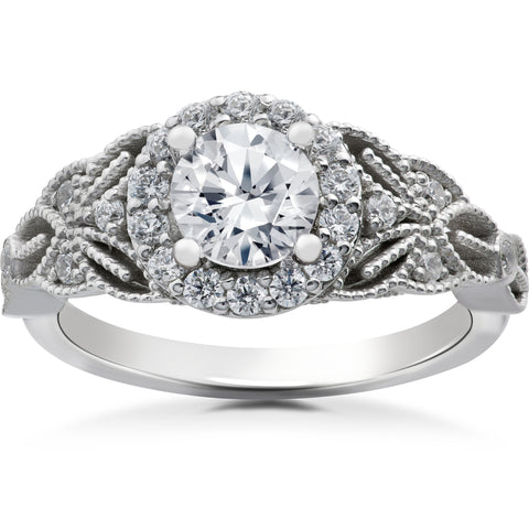 1 1/5 Ct Vintage Halo Diamond Antique Floral Engagement Ring 14k White Gold
