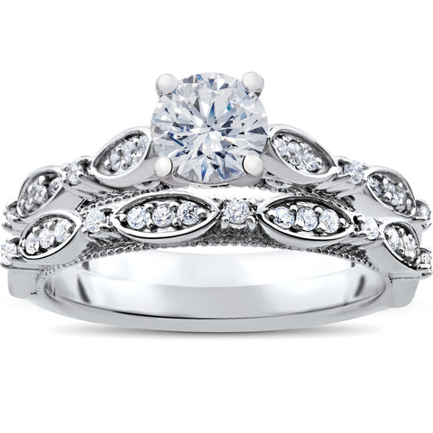 1 ct Vintage Diamond Engagement Ring & Matching Wedding Band Set 14k White Gold