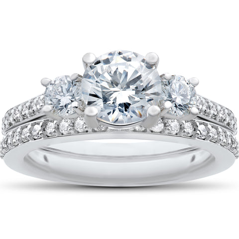 1 1/4 Ct 3-Stone Lab Created Diamond Engagement Ring Wedding Band 14k White Gold