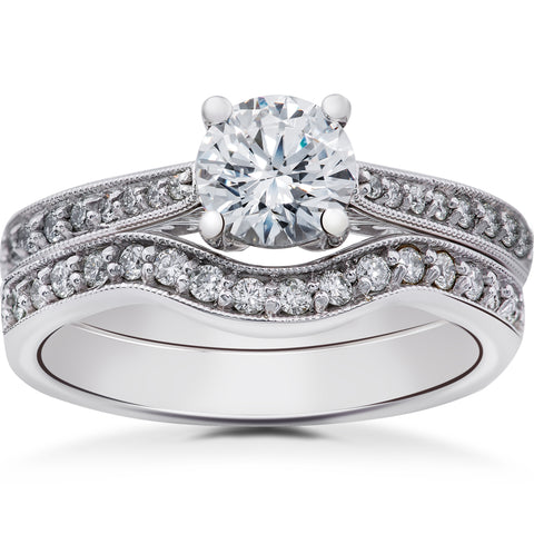 1 ct Diamond Lab Grown Eco Friendly Vintage Engagement Ring & Wedding Band 14k