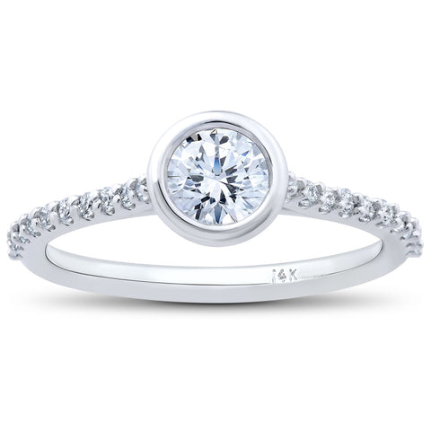 GSI 3/4 Ct 100% Diamond Engagement Ring 14k White Gold Lab Grown Bezel Round