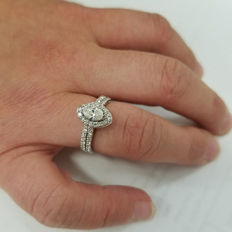 1 1/2ct Marquise Halo Diamond Engagement Wedding Ring Set White Gold Enhanced