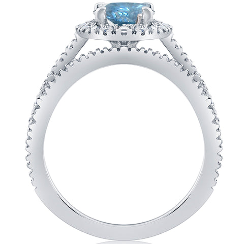 1 1/2 ct Blue Diamond Halo Engagement Wedding Ring Set 14k White Gold