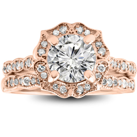 2 cttw Diamond Halo Vintage Engagement Ring & Wedding Band Rose Gold Enhanced