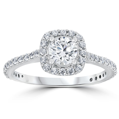 1 1/5ct TDW Cushion Halo Round Diamond Engagement Ring White Gold Solitaire