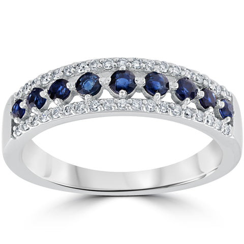 5/8 cttw Blue Sapphire & Diamond Wedding Ring Womens Band 14k White Gold