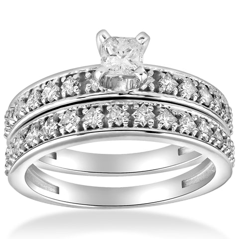 1 cttw Princess Cut Diamond Engagement Wedding Ring Set 10k White Gold