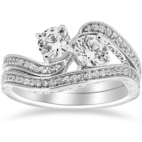 1 1/2ct Two Stone Forever Us Vintage Diamond Engagement Wedding Ring Set 14k