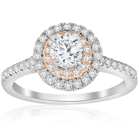 7/8 cttw Diamond Double Halo White & Rose Gold Engagement Ring 14Karat Solitaire