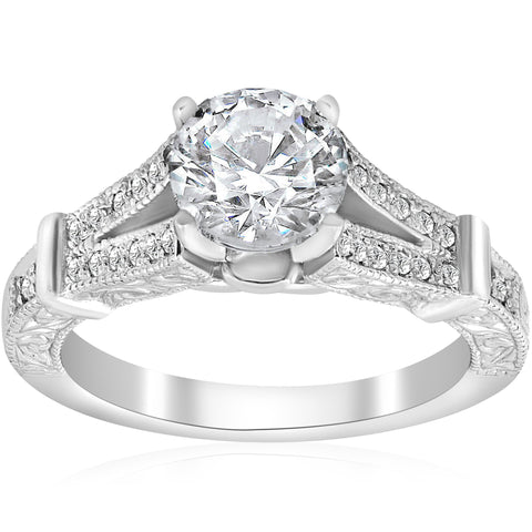 1 3/4 ct Vintage Diamond Engagement Ring 1.5ct center Split Shank 14k White Gold