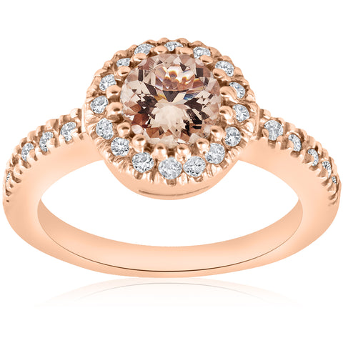 1ct Morganite Halo Diamond Pave Engagement Ring 14k Rose Gold Jewelry Round Cut