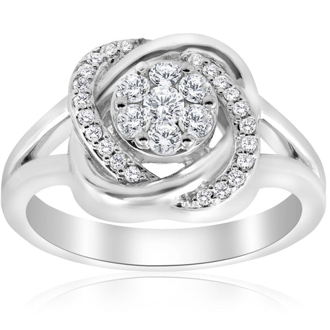 1/2 ct Diamond Halo Crossover Engagement Ring Round Brilliant Cut 14k White Gold