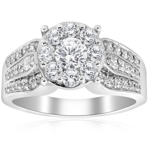 1 1/2ct Diamond Halo Engagement Ring Wide 3-Row Band 10K White Gold Solitaire