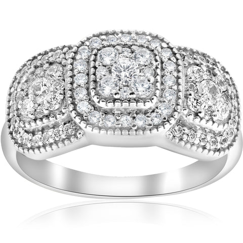 3/4ct 3-Stone Pave Cushion Halo Diamond Engagement Ring Vintage Deco White Gold