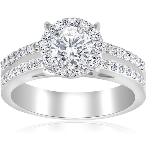 1 1/2ct Pave Round Cut Halo Diamond Engagement Ring 14k White Gold Double Row