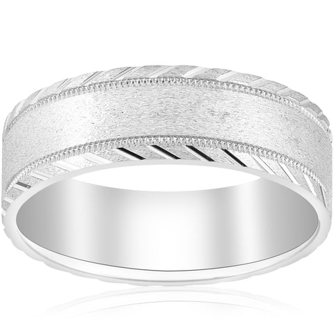 10k White Gold Mens 7mm Wedding Ring Brushed With Cuts Comfort-Fit