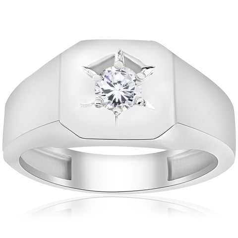 Mens 1/6ct Diamond Solitaire High Polished Wedding Engagemen Ring White Gold
